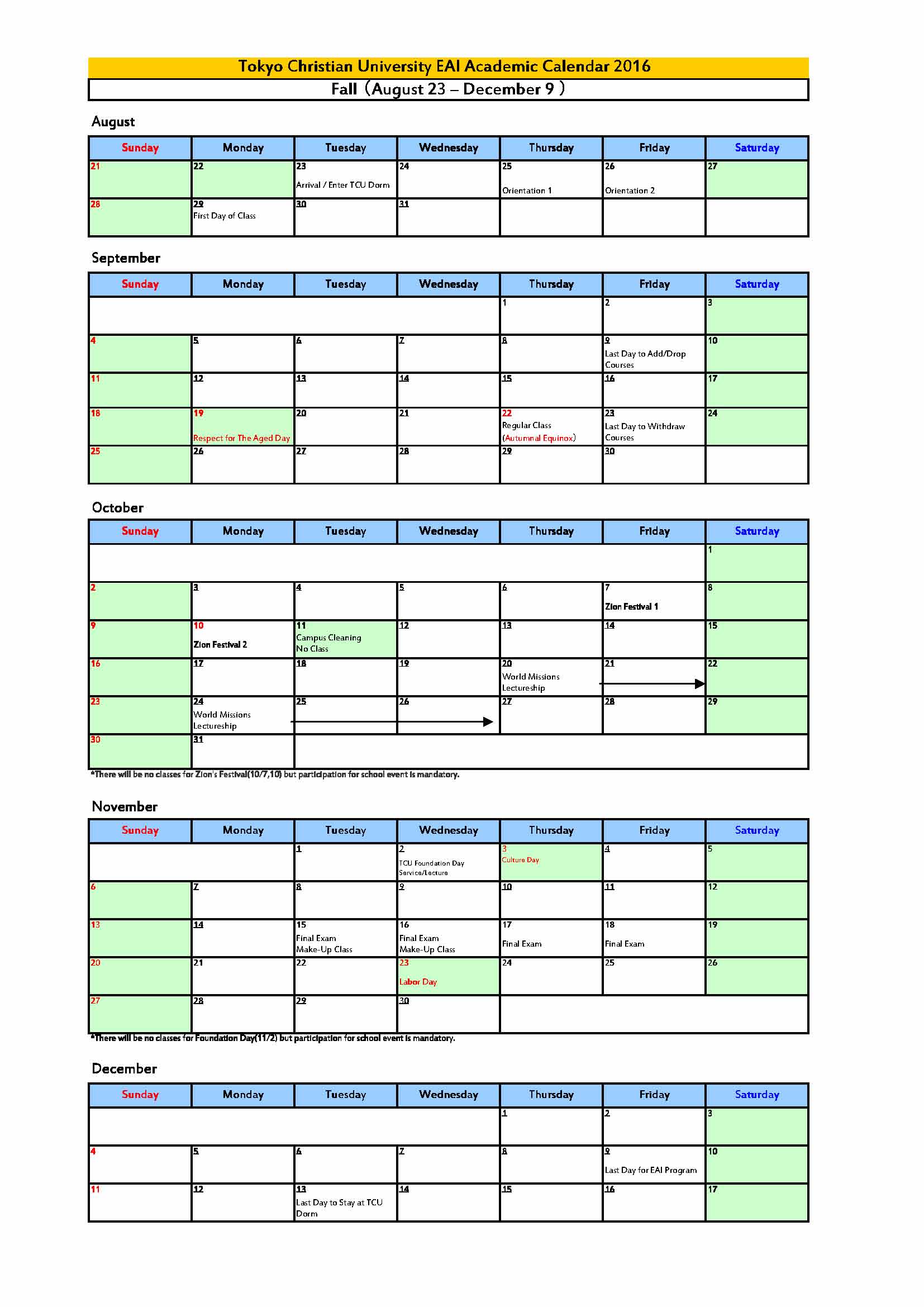 EAI Academic Calendar Tokyo Christian University